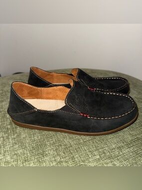 OluKai Women's Nohea Nubuck Leather Slip-On Shoes Black 7.5